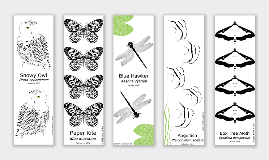 Bookmark Snowy Owl, Paper Kite, Blue Hawker, Anglefish and Box Tree Moth
